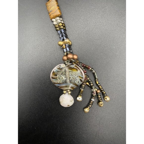 Artisan Necklace Boho Natural Stone Shell Glass Bead Antiqued Bronze Toggle 38" - Picture 10 of 13